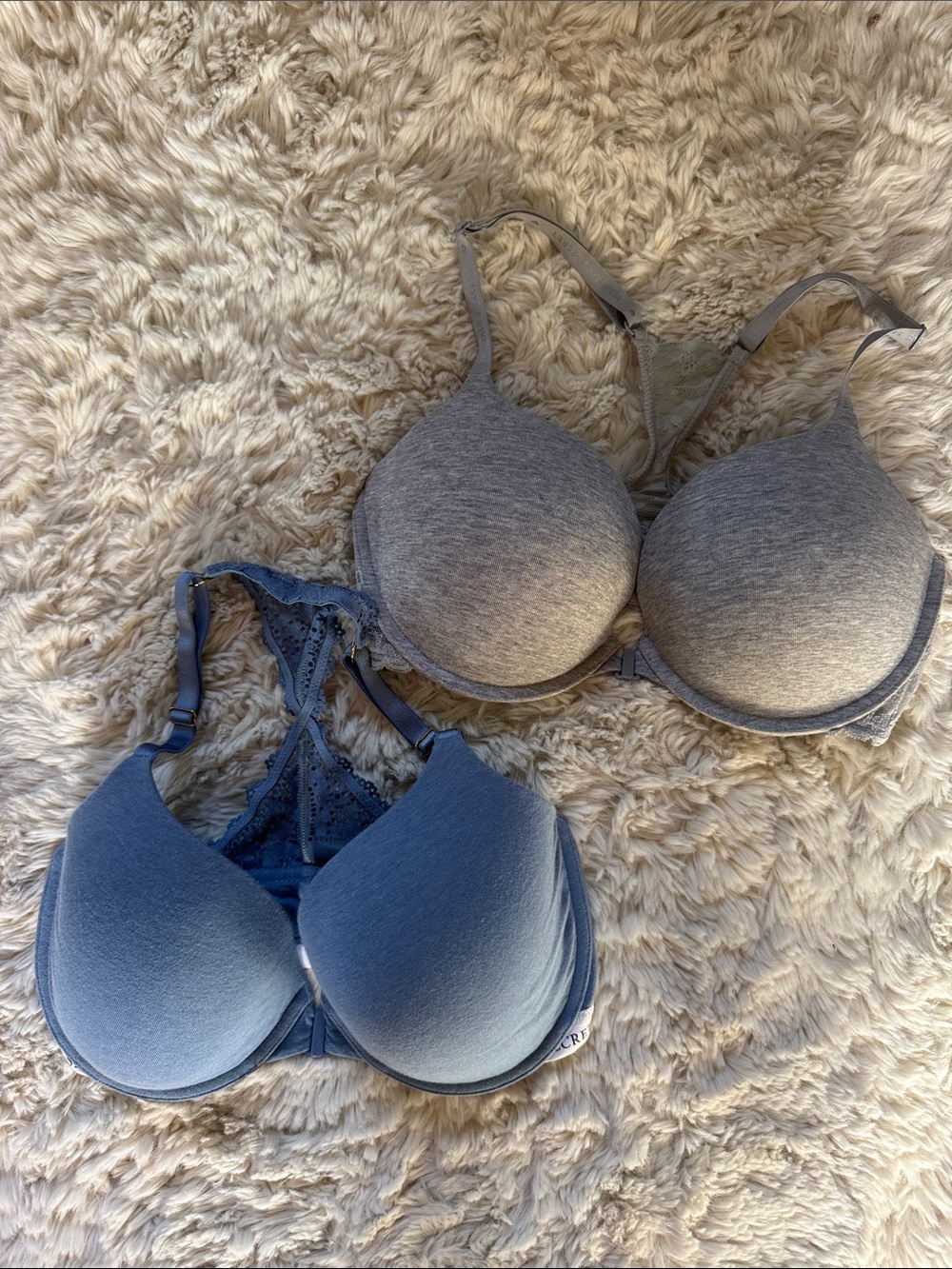 T-Shirt & Push-up Lined Demi Bras with Lace Racerback Gray and Blue Bundle